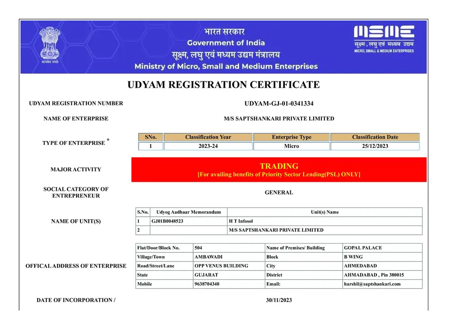 Image showing MSME Certificate for Saptshankari Private Limited.