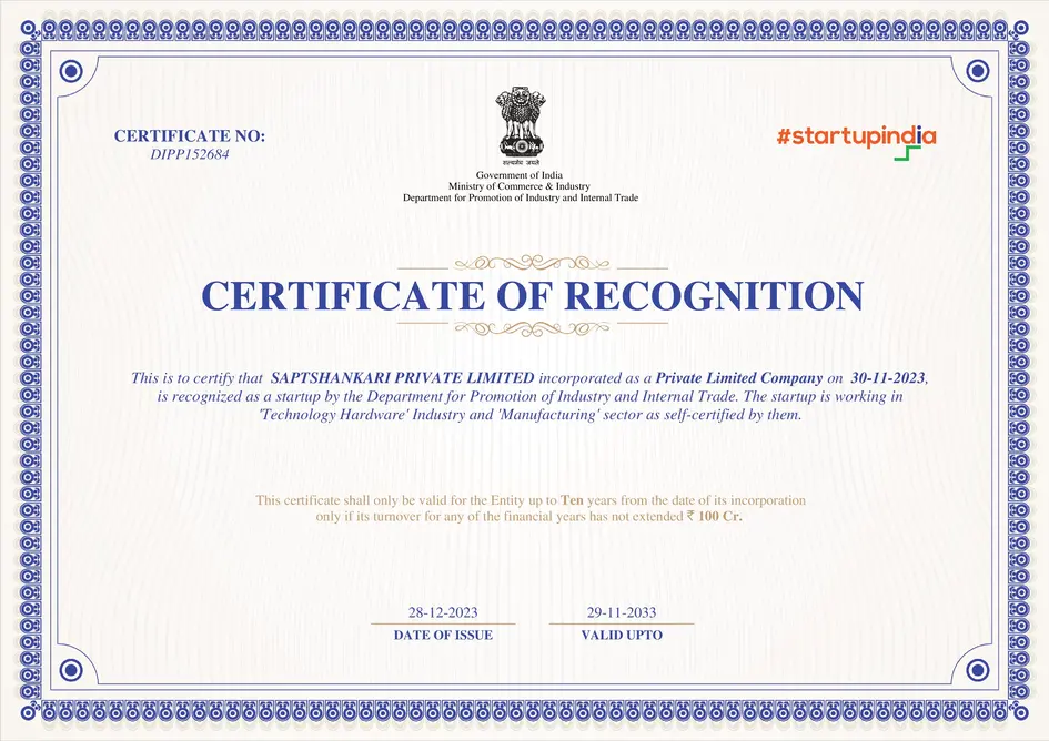 Image showing Startup India Recognition Certificate for Saptshankari Private Limited.